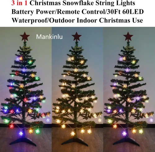Vista 3 de Luces de Navidad con diseño de copos de nieve, 30 pies, 60 luces LED de Navidad, funciona con pilas, con control remoto para árbol de Navidad