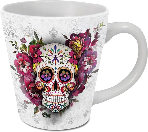 Vista 13 de Sweet Gisele Taza de cerámica de calavera de azúcar, taza de café con estampado floral, diseño del Día de los Muertos, hermosos colores vivos, gran