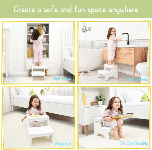 Vista 5 de Forbena Taburete de madera para fregadero de baño, taburete de inodoro blanco para niños para entrenamiento de orinal, taburete de 2 escalones