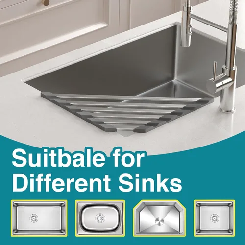 Vista 5 de COOL-ANGLE Escurridor de fregadero de esquina, escurridor triangular de aluminio resistente al óxido, tapete enrollable resistente al calor
