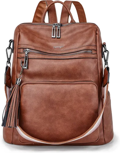 Vista 24 de OPAGE - Mochila de cuero para mujer, con borla de moda, bolso de hombro, mochila grande, bolsa de viaje, gris, L