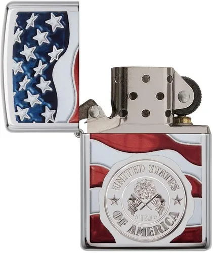 Vista 32 de Zippo encendedores con la bandera de EE. UU.
