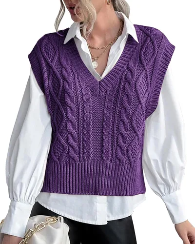 Vista 8 de Chaleco de suéter para mujer Lueluye V cuello sin mangas de punto sólido casual acanalado estilo preppy Beige