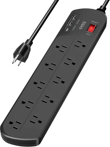 Vista 11 de Cargador de pared con protector de sobretensiones, regleta de alimentación con 12 tomas de corriente alterna anchas, bloques de carga USB de 4