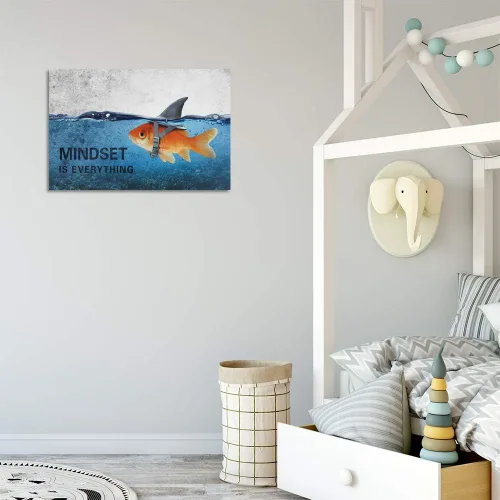Vista 3 de Arte de Pared en Lienzo Inspiracional con Citas, Cuadros Abstractos de Pez Dorado Azul y Tiburón, Pósters, Pintura sobre Lienzo, Obra de Arte