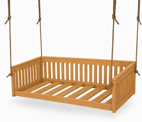 Vista 30 de Amish Twin Poly Lumber Wood Hanging Daybed, Antique Mahogany, USA Made Deep Seating Mission Collection HDPE Poly Lumber Twin Daybed with Rope