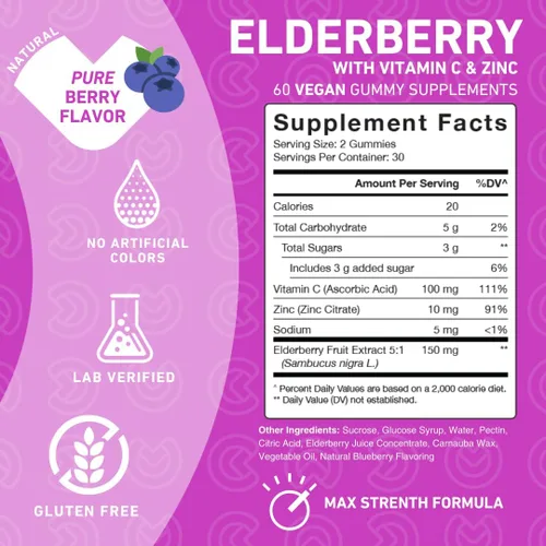 Vista 4 de PUREFINITY Gomitas de saúco con sambucus, vitamina C y zinc, tu suplemento diario perfecto 3 en 1 para niños y adultos, sin gluten, sin OMG