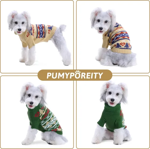 Vista 7 de PUMYPOREITY Suéter de vacaciones para perro, acogedor suéter de invierno, ajuste elástico, cuello alto, tema de Navidad para perros pequeños y Caqui