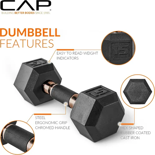 Vista 3 de CAP Barbell Juego de Mancuernas Hexagonales Recubiertas de 150 libras con Mango de Cobre y Soporte Vertical