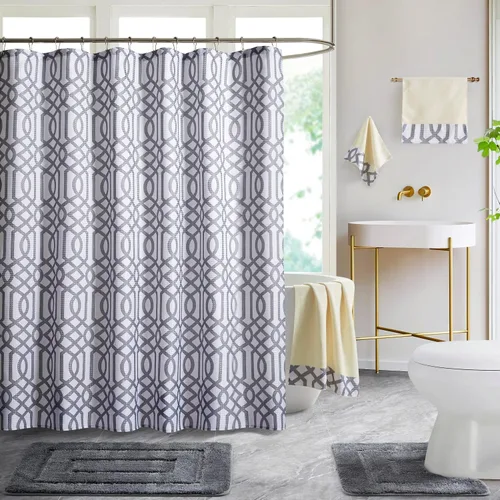 Vista 9 de WPM - Juego de alfombras de baño, toallas y cortina de ducha, juego de alfombras de baño con estampado de enrejado de color azul real