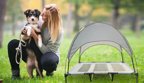 Vista 5 de Cama elevada para perros de 35 pulgadas con toldo extraíble, tamaño mediano, color gris Impermeable, transpirable, para camping, playa, patio