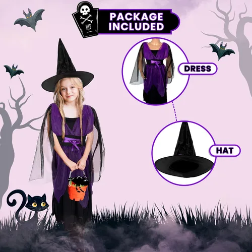 Vista 5 de Katchon, Halloween Witch Costume for Girls - Halloween Witch Dress with Black Hat Purple Halloween Costumes for Girls