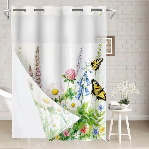 Vista 17 de Batmerry Maritime Nautical Hookless Shower Curtain with Snap in Liner Set, Anchors Ship Wheel Bath Curtain Magnetic Hem Quick-Drying Waterproof