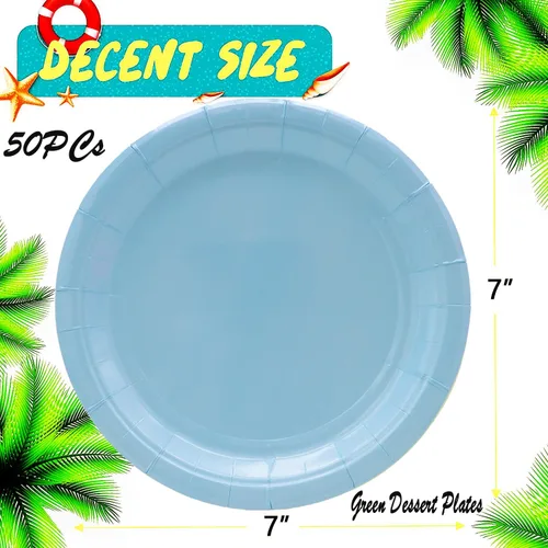 Vista 3 de 50 platos azules para fiestas, platos de papel azules de 7 pulgadas, platos de papel desechables azul claro para fiesta temática de fiesta azul