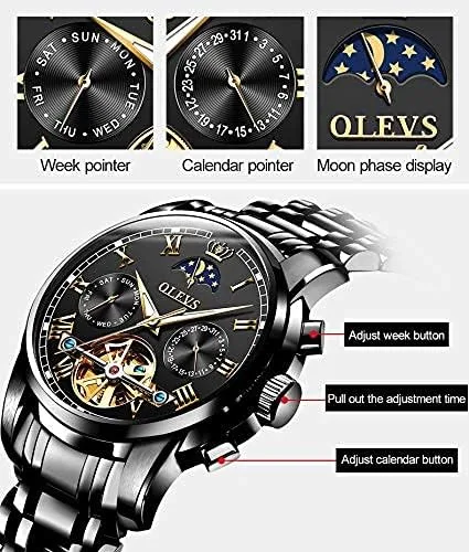 Vista 5 de OLEVS reloj mecánico automático, reloj de cuerda automático de lujo para hombre a prueba de agua, acero inoxidable., Blanco y negro