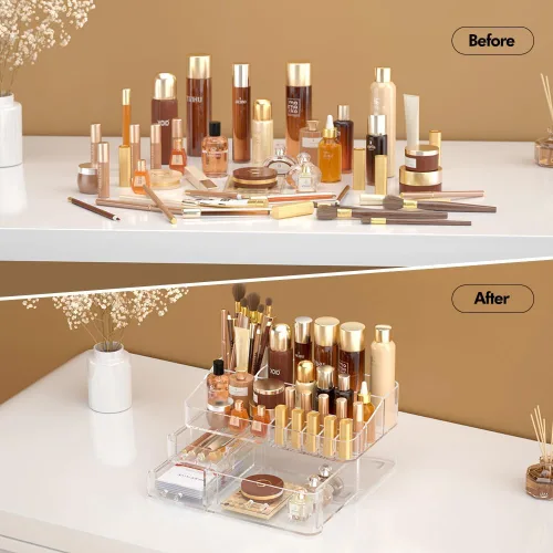 Vista 5 de Organizador de maquillaje para tocador, organizador de escritorio grande de acrílico con cajones, soporte de tocador ideal para cosméticos, lápices