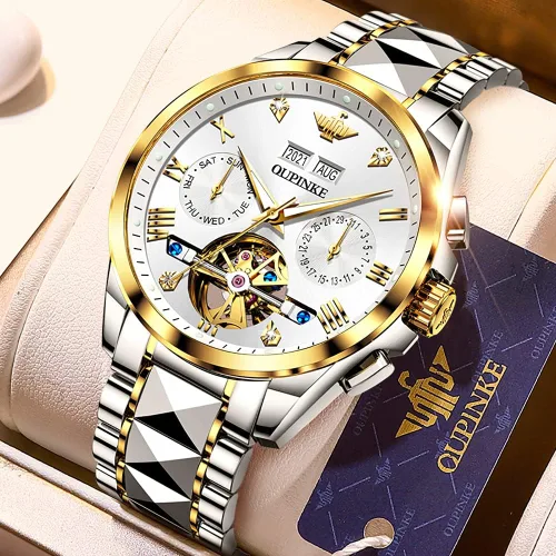 Vista 3 de OLEVS Relojes mecánicos automáticos de esqueleto para hombre, 5ATM, impermeable, tungsteno, acero inoxidable, cuerda automática, relojes de pulsera