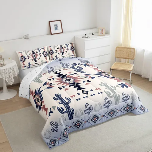 Vista 4 de Manfei Juego de edredón geométrico azteca, tamaño individual, juego de ropa de cama de cactus, vaquera occidental, decoración de habitación de niños