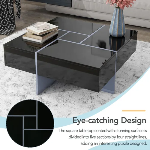 Vista 4 de Polibi Mesa de centro cuadrada con 4 compartimentos de almacenamiento ocultos, mesa de cóctel de diseño único con mesa deslizante extensible, mesa