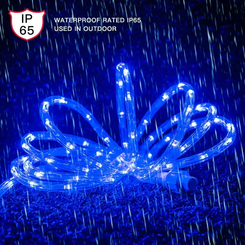 Vista 2 de DINGFU Tira de luces LED de 33 pies, luces de cuerda azul de 110V y 2 cables, impermeables, con 240 LED, luces de cuerda azul para Navidad al aire