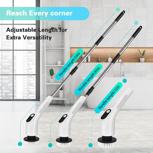 Vista 2 de Limpiador eléctrico giratorio, cepillo de limpieza de ducha inalámbrico impermeable con cabezales de cepillo reemplazables y mango de extensión