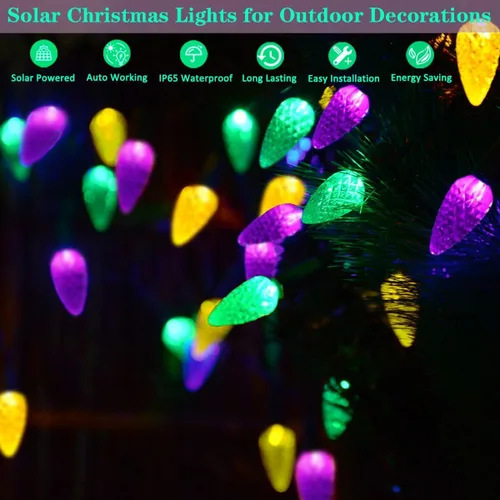 Vista 4 de Luces solares de Navidad para exteriores, cadena de luces C6 de fresa, luces de Mardi Gras, 100 LED, 8 modos, impermeable, uso al aire libre