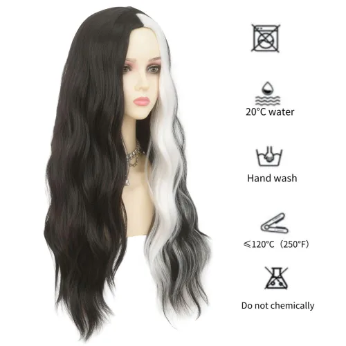 Vista 3 de Pelucas largas rizadas y onduladas de Dai Cloud, con cabello negro y reflejos blancos, de pelo sintético, resistente al calor, para mujer, para uso