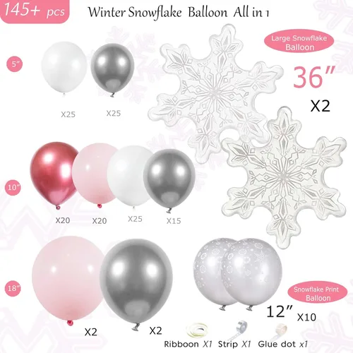 Vista 4 de Kit de arco de guirnalda de globos de invierno rosa, cromado, plateado, rojo y blanco con globos de copo de nieve para niñas Onederland princesa