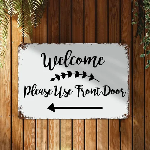 Vista 2 de Letrero colgante de metal con texto en inglés "Welcome Please Use" para puerta delantera, decoración de pared rústica para sala de estar, cocina