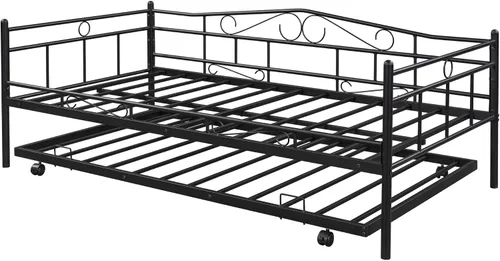 Vista 7 de Sofá cama de marco metálico de tamaño individual con ruedas extraíbles, soporte de sofá cama de listones de acero resistente para invitados, sofá