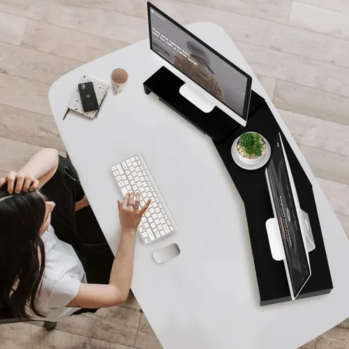 Vista 9 de TAVR - Soporte para monitor doble, organizador de escritorio de oficina para 2 monitores, longitud y ángulo ajustables, 3 estantes, soporte