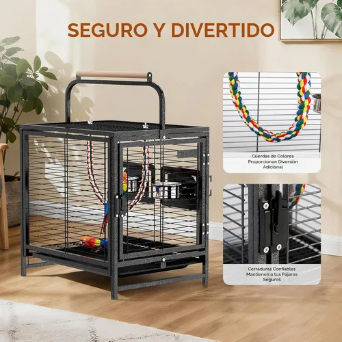 Vista 7 de VINGLI Jaula para pájaros pequeños, jaula de viaje de 19 pulgadas con asa, jaula de periquitos de hierro forjado con perca de madera para loros