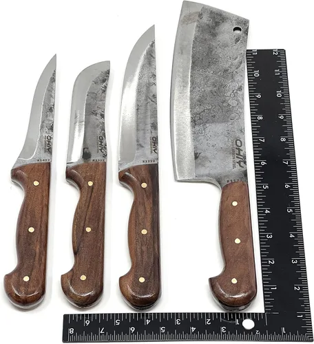 Vista 6 de Butcher Series - Juego de cuchillos y cuchillos forjados a mano de 4 piezas con funda de cuero auténtico, cuchillas de acero de alto carbono 5160