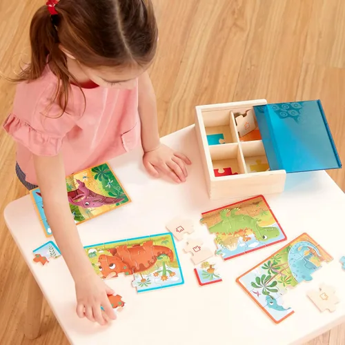 Vista 3 de B. toys Pack o' Puzzles Paquete de 2 - Mascotas y Dinos - Juego de cajas de rompecabezas de madera - 2 cajas, 8 juegos - 12 piezas - 3+ años 8