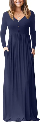 Vista 9 de GRECERELLE Vestido de manga larga con cuello en V para mujer, estilo casual, con botones, maxi, 2025, con bolsillos 01 Negro