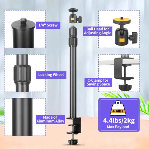 Vista 4 de Soporte para cámara web de montaje de escritorio para cámara web con cabezal de bola de 360°, soporte de luz de mesa ajustable de 14 a 33 pulgadas