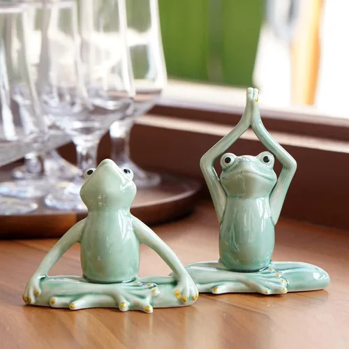 Vista 5 de OwMell Rana Zen de Cerámica para Decoración, Estatua de Rana en Pose de Yoga para Meditación Cerámica para Decoración Zen del Hogar - Namaste