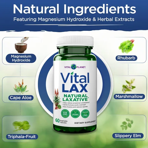 Vista 3 de Vital Planet - Suplemento de Limpieza Laxante Natural Vital Lax para Estreñimiento Ocasional, con Hidróxido de Magnesio, Olmo Resbaladizo, Aloe