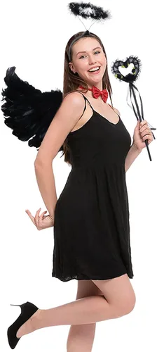Vista 4 de Kuscul Juego de alas de ángel y halo, alas de diablo de plumas, alas de hada y varita para adultos, disfraz de Halloween, fiesta de cosplay