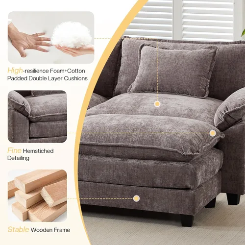 Vista 4 de Sofá Seccional, Sofá Modular Cloud con Otomana, Sofás Cama de Asiento Profundo con Almohadas Decorativas, Cómodo Sofá de Dos Plazas de Chenilla