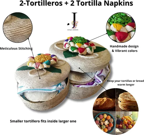 Vista 2 de Paquete de 2 cestas tejidas a mano de tortillero y panqueques y tela de tortilla hecha a mano, paquete de 2 calentadores paquete 100% arte mexicano