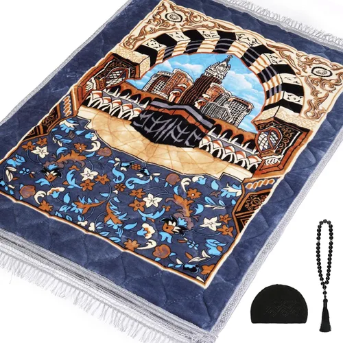 Vista 13 de Alfombra de oración musulmana con cuentas de oración Tasbih y sombrero de kufi, acolchada muy gruesa, alfombra de oración para hombres y mujeres