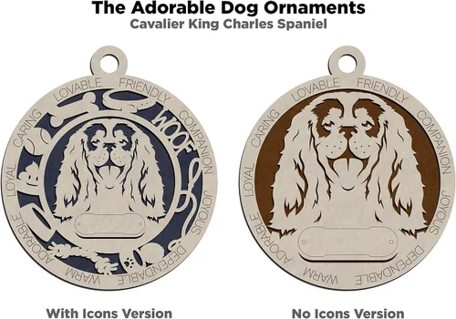Vista 3 de Adorno de Navidad personalizado para perro Cavalier King Charles Spaniel, redondo de 3 pulgadas, madera cortada con láser de 2 capas, nombre y texto