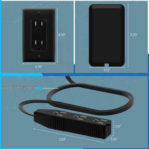 Vista 2 de LIDER LWE3-315-BK - Extensor de toma de corriente de cara plana con 3 receptáculos, enchufe de pared ultrafino, regleta de alimentación con cable