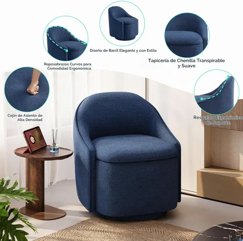 Vista 5 de [Usado] LINSY Juego de 2 Sillas Giratorias de Acento, Cómodas Sillas Tipo Barril de Chenilla con Almacenamiento Giratorio de 360 Grados, Sillón Azul