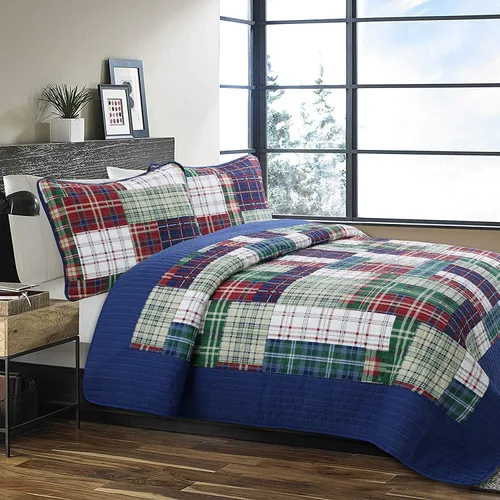 Vista 8 de Juego de ropa de cama de algodón con retazos reales a rayas azul marino, colcha reversible, colcha (Denim, Queen, 3 piezas)