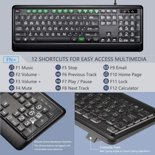 Vista 3 de KOPJIPPOM Teclado Retroiluminado de Letras Grandes, Teclado de Computadora con Cable USB, Teclado de Tamaño Completo con LED Blanco Iluminado