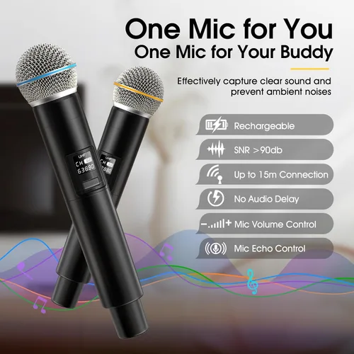 Vista 6 de Máquina de karaoke, altavoz de diseño retro con 2 micrófonos inalámbricos para adultos y niños, sistema de karaoke portátil para fiesta en casa