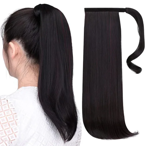 Vista 73 de Extensiones de cola de caballo, extensión de cola de caballo negra de 16 pulgadas, corta, ondulada, rizada, envolvente, resistente al calor