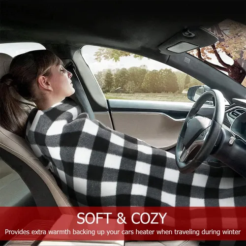Vista 3 de Amazingforless Manta eléctrica de 12V con forro polar para coche con controlador para temporizador y niveles de calor (plaid negro y blanco)